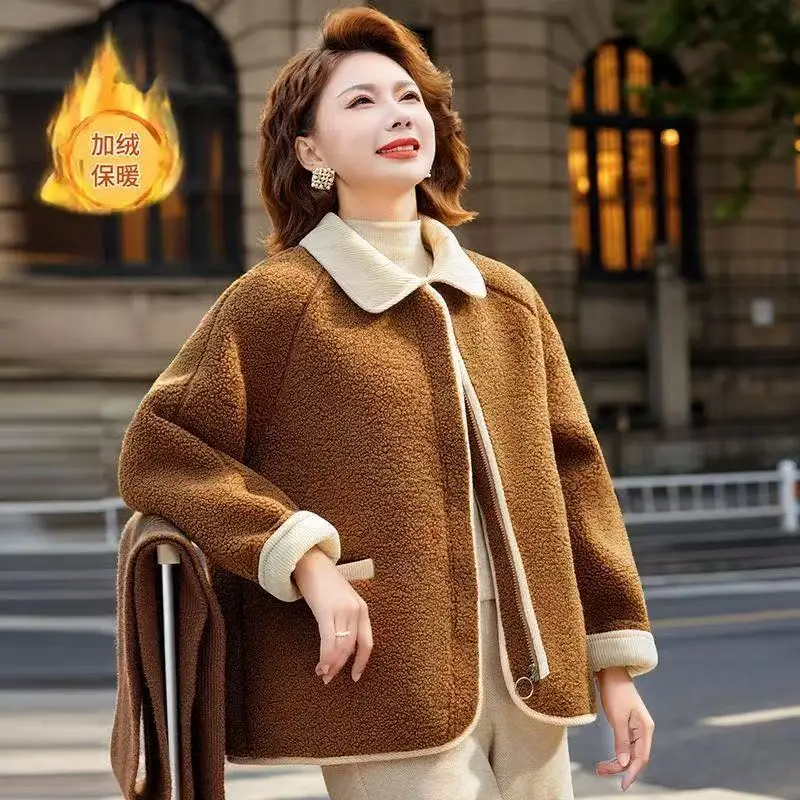 

Женское шерстяное пальто с бархатной подкладкой, осень-зима, новое и пожилое теплое пальто для полных мам с высококачественным контрастным женским пальто