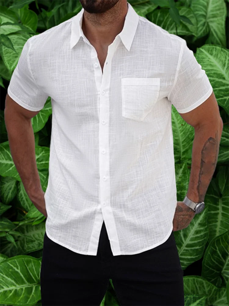 

Мужская рубашка с коротким рукавом и отложным воротником, блузка, мужская винтажная однотонная рубашка, летние повседневные дышащие повседневные тонкие рубашки для отдыха