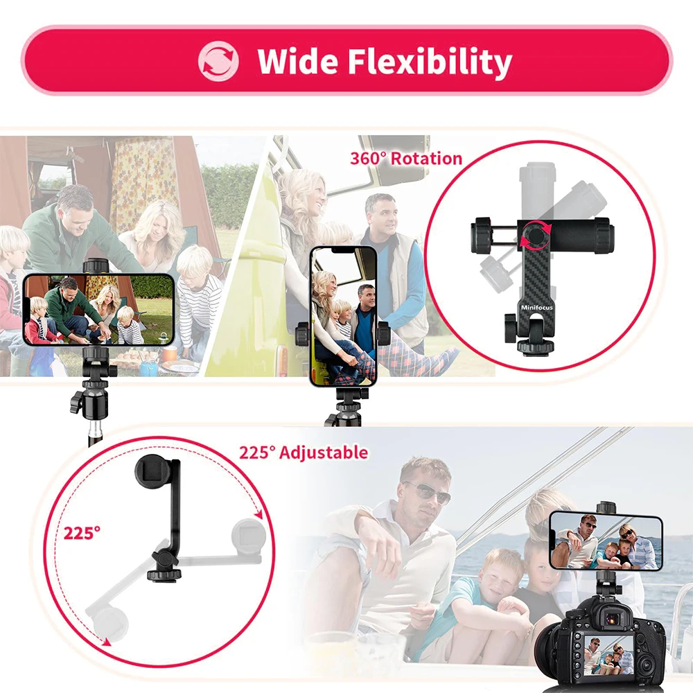 Camera Hot Shoe Phone Holder Mount Clamp Clip w 2 Cold Shoe 1/4\'\' Tripod Adapter Stand Mic Fill Light for Smartphone TikTok Vlog