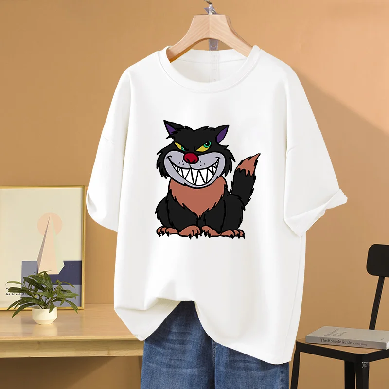 Popular Disney Cinderella Lucifer Cat print T-shirt men's and women's T-shirt couple casual sports street T-shirt