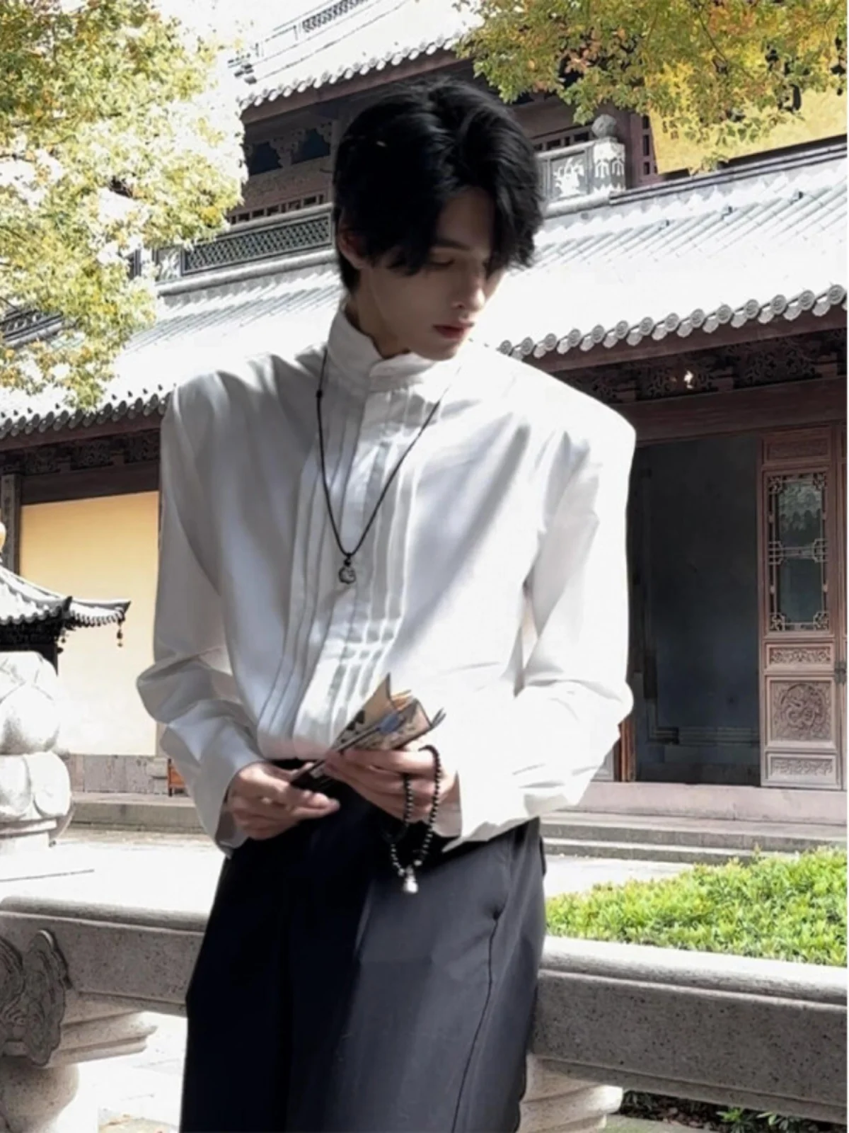 

New Chinese Sle White Stand Collar Long Sve Men's irt Autumn Season Premium Feeling Small Design Sense Pleated irt