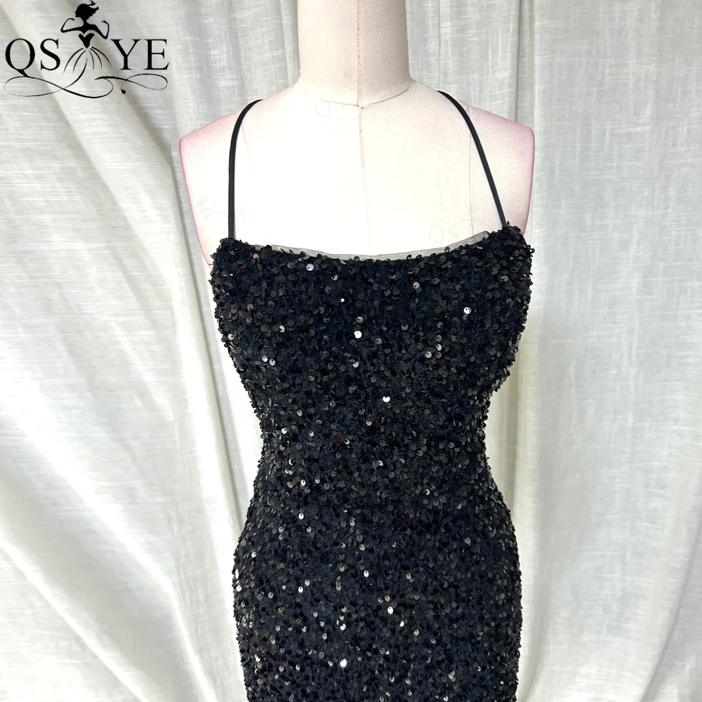 Black Sequin Sheath Short Prom Dresses Spaghetti Straps Open Low Back Evening Gown Knee Length Back Straps Sexy Girl Party Gown