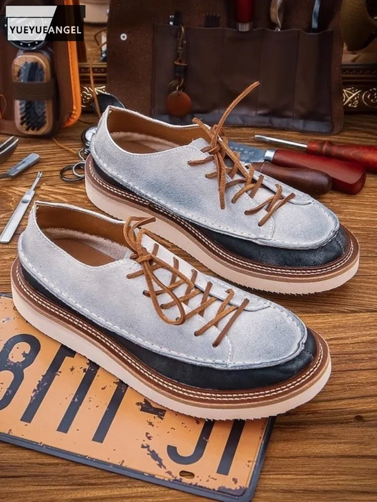 

Spring Autumn Mens Vintage Design Mixed Colors Cow Suede Cargo Shoes Lace Up Round Toe British Style Men Casual Platform Shoes