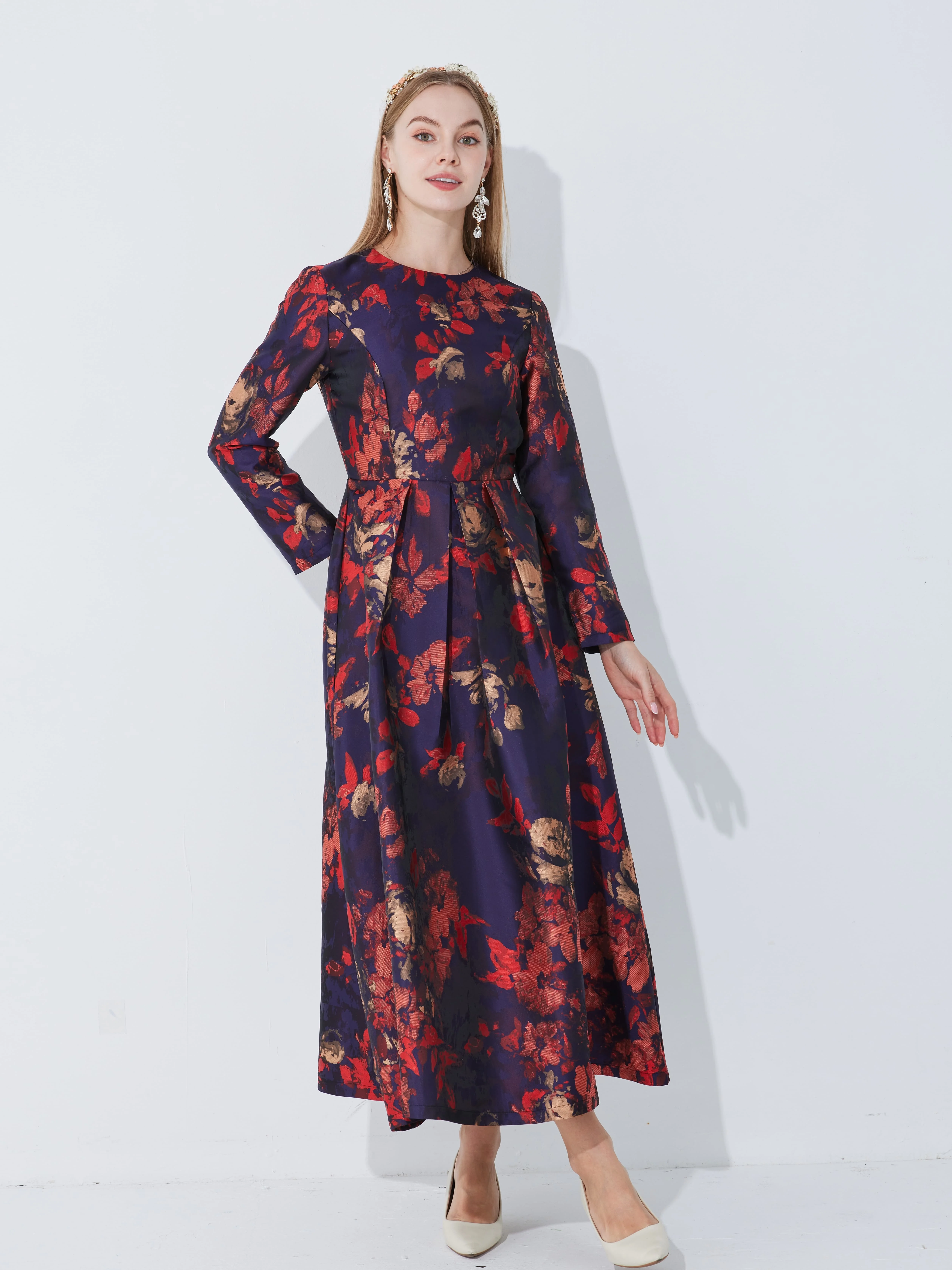 Elegant Women Long Sleeve Maxi Dress Fall Fashion Boho Floral Jacquard Muslim Dress Ladies Vintage Party Clothes