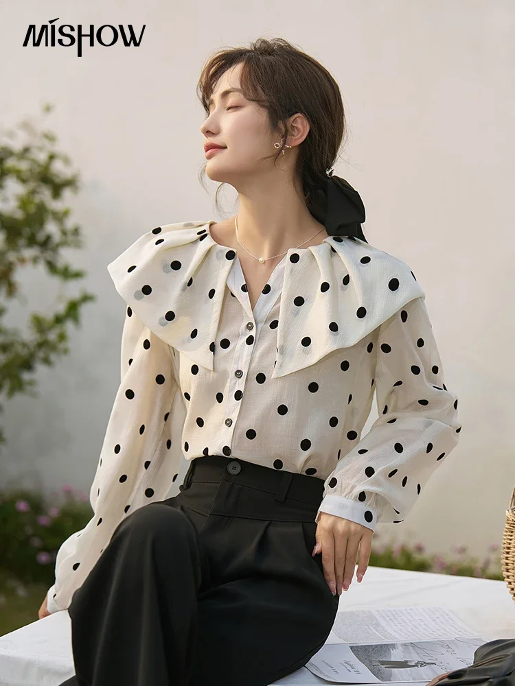 MISHOW Retro Polka Dot Blouses for Women Spring 2023 French Peter Pan Collar Shirt Sleeve Single Breasted Female Tops MXC14C0018