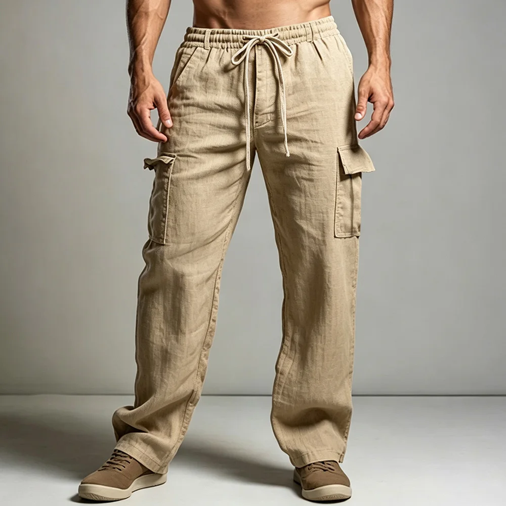 Casual Pants for Men Cotton Lightweight Elastic Waist Solid Color Straight Leg Old Money Simple Style Male Pocket Trosuers
