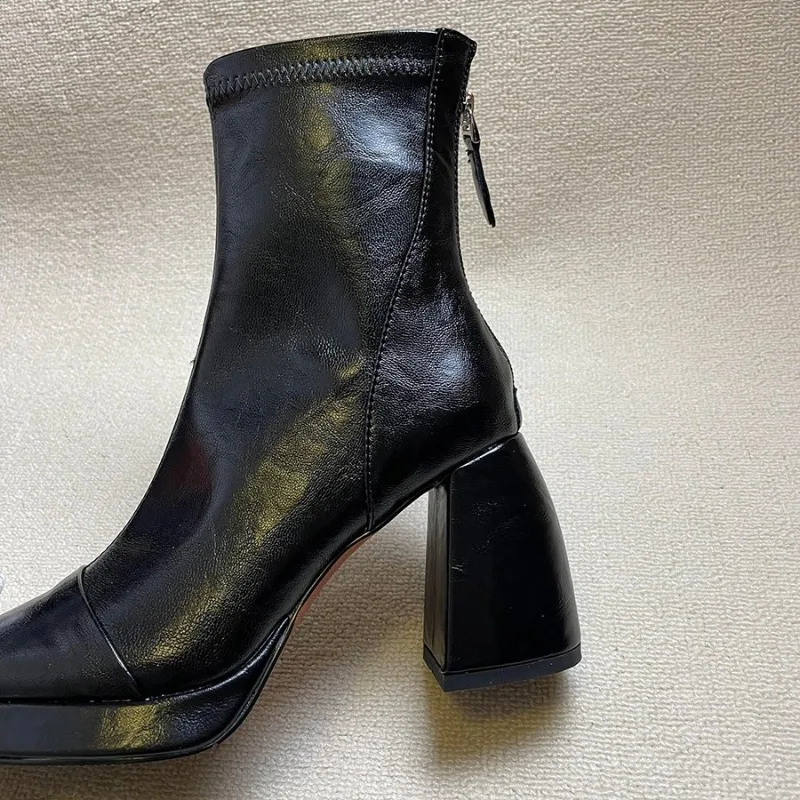 

French Retro Square Toe High Heel Booties Women 2025 New Fashion Sense Soft Leather Back Zipper Skinny Boots