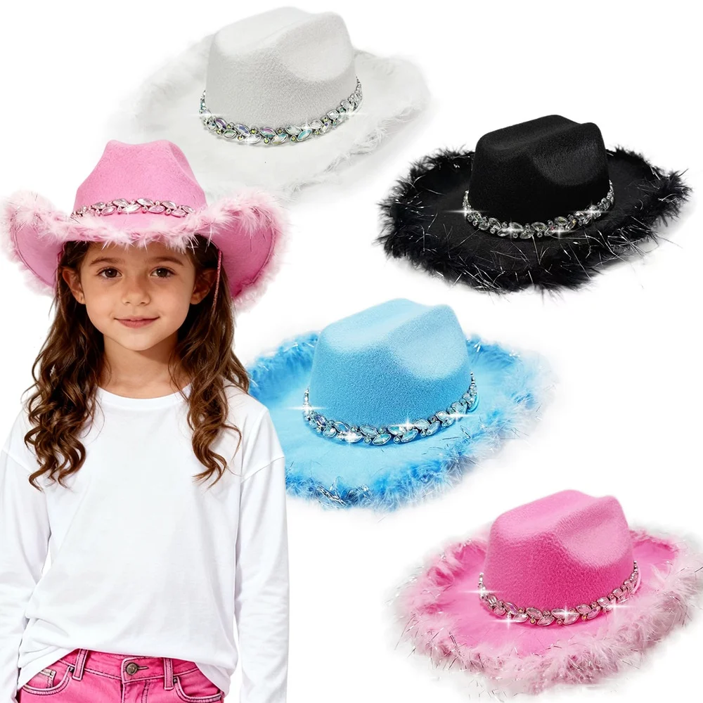 Chapeau de Cowboy pour enfants, chapeau à bord de plumes en feutre, chapeau de fête d'anniversaire, casquette de Costume de spectacle scintillant pour spectacle de mariage Disco