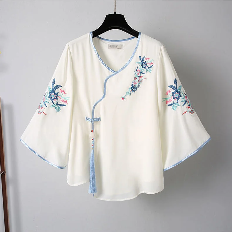 Puls Size Embroidery Shirt Short Pants Women's Improved Hanfu Suit Female Summer 2024 New Retro Wide-leg Pants Two-piece Set