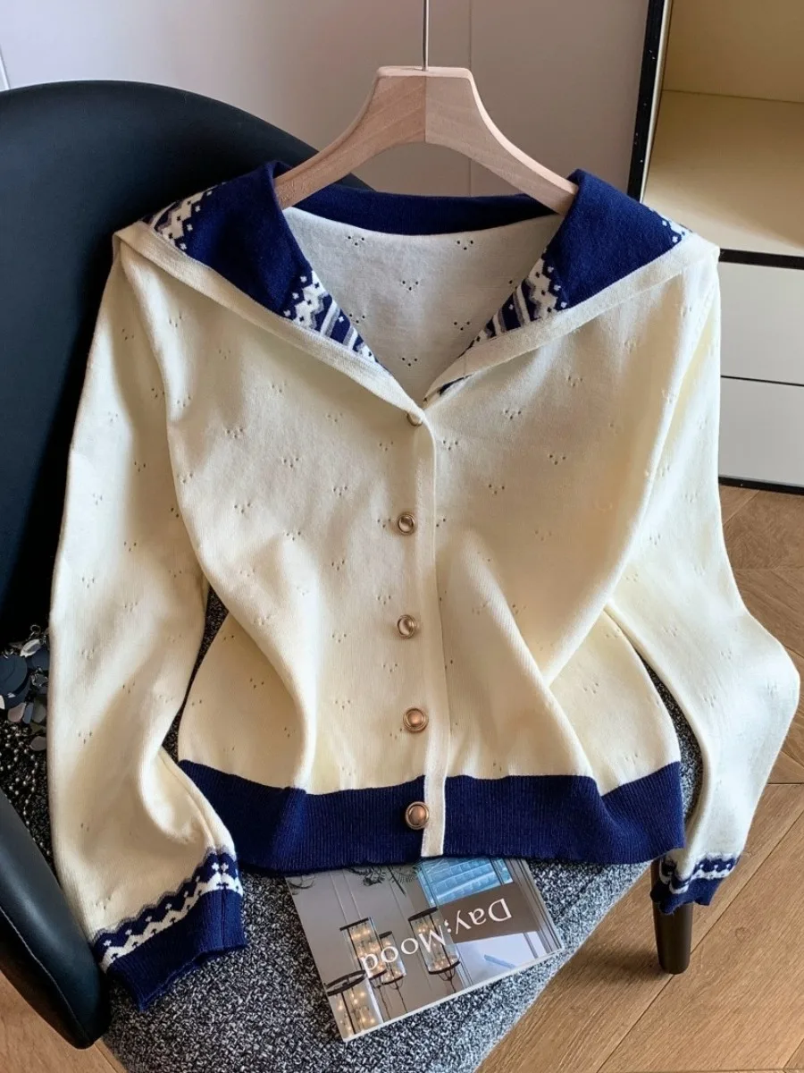 

Korean Sle Commuter Long Sve Navy Collar Open Cardigan Women's Autumn Sweet Faion Small Anti-Aging Top