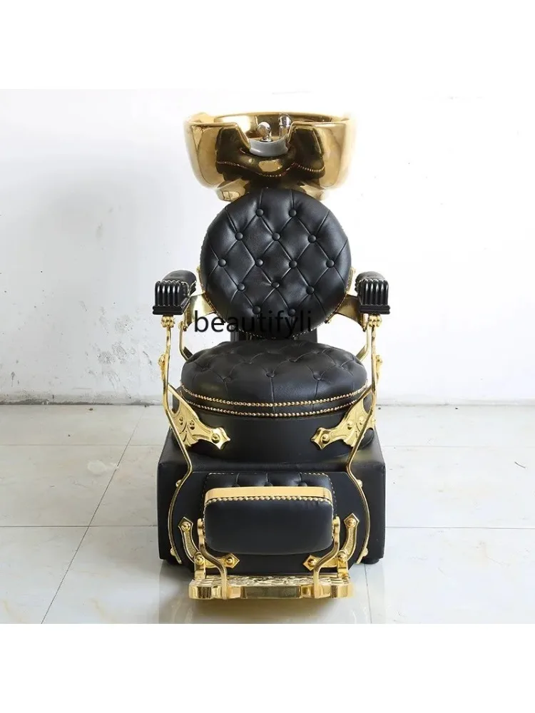 new style Hair Salon Retro Golden Massage Shampoo Bed Barber Shop Shampoo Recliner Hairdressing Flushing Bed