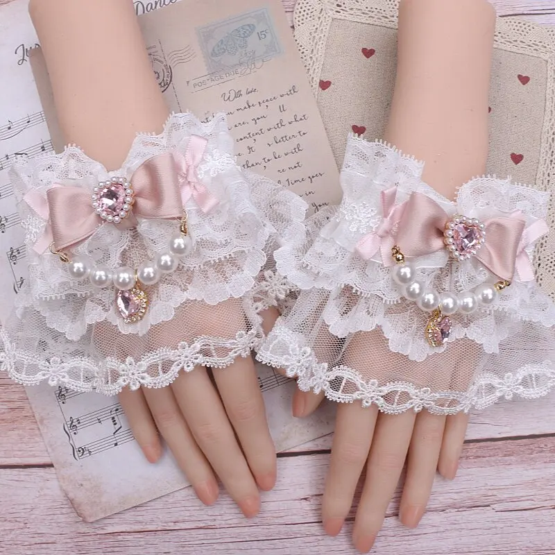 

Японские наручные манжеты в стиле Лолита, милые, ручной работы, с 3-слойным кружевом, жемчужными бусинами, цепочками и бантами, аксессуар для девушки в стиле Y2K