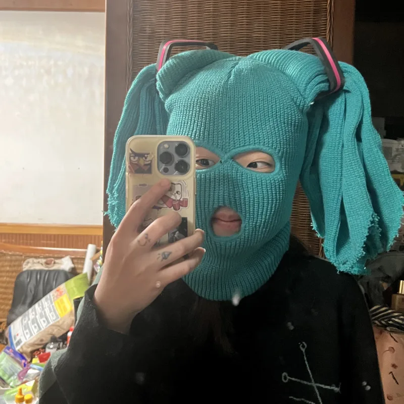 Hatsunes Mikued Colorful Stage Cosplay Full Face Cover Ski Mask Your Green Onions Winter Women Men Cap Party Windproof Bonnet