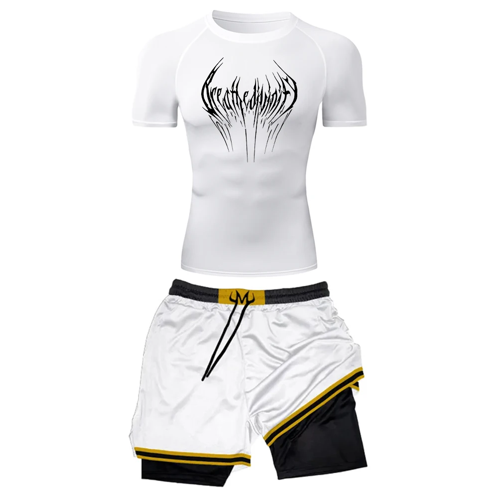 

Quick Dry Men Gothic Tribal Letter Print Compression Athletic T Shirt Yellow Trim Double Layer Workout Shorts Gym Sports 2 PCS