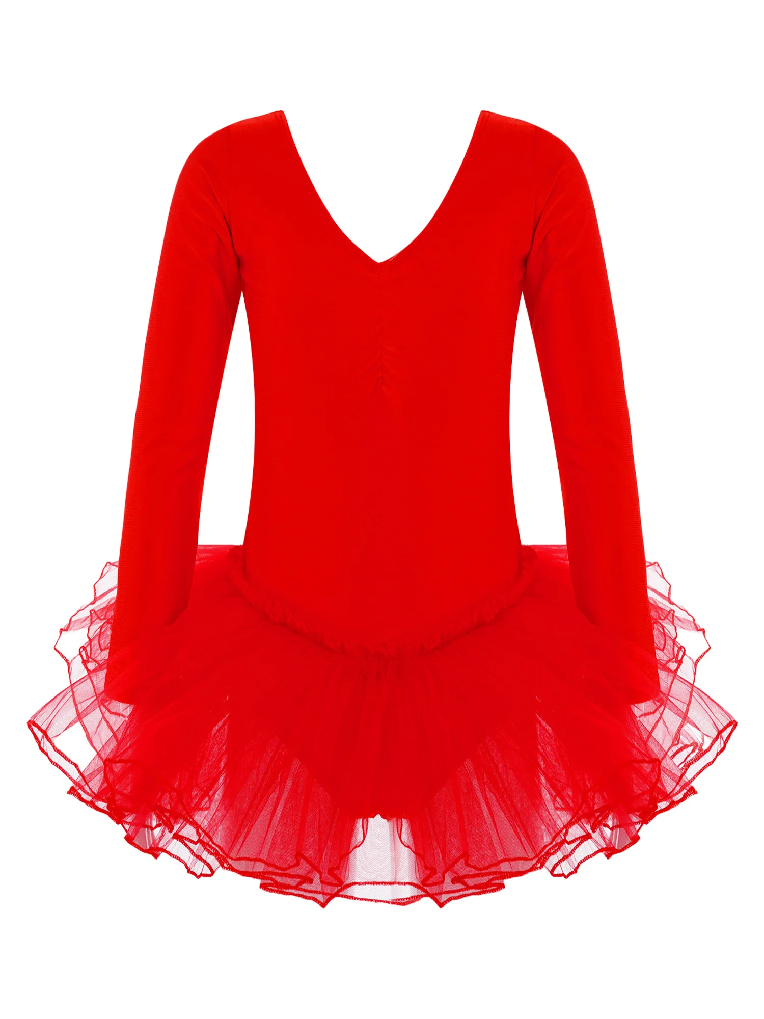 

Kids Girls Ballet Dance Clothing Soild Color Long Sleeve V Neckline Slim Fit Tutu Mesh Dress for School Performance Party Wear