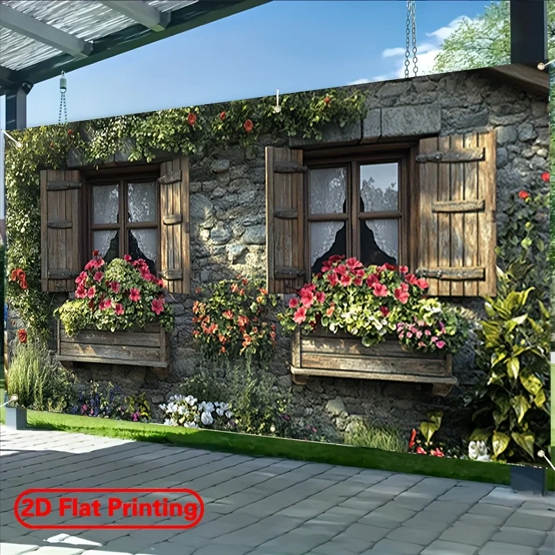 لافتة باب جراج كبيرة 2D Plan 1 - لافتة حفلات بتصميم جدار حجري وزهرة ملونة، مناسبة للمهرجانات