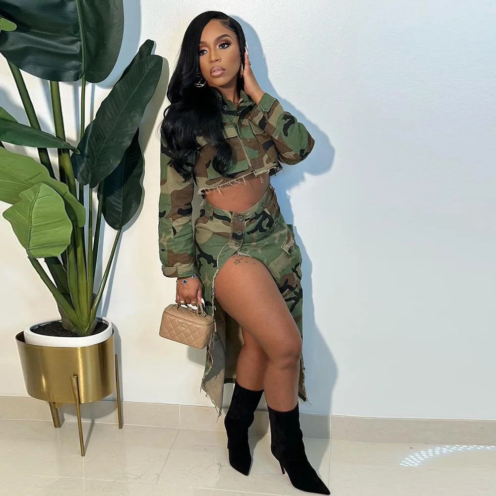 Women Camo Cargo Midi Skirt High Waist Multi Pocket Side Slit Raw Hem Camouflage Streetwear Long Skirt