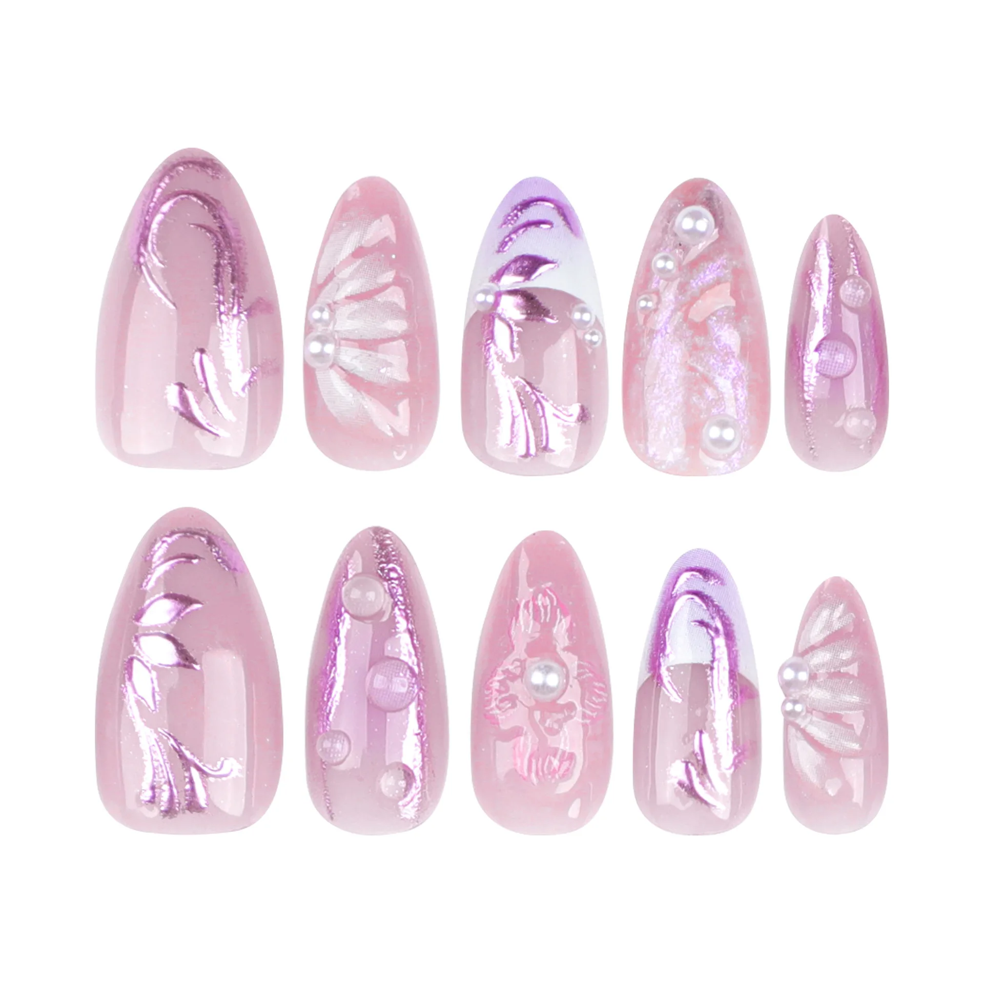 Handmade Fake Nail Magic Mirror Powder Decor Full Cover Aurora Stripes Y2K Nail 3D Flower Pearl False Nails Press on Long Almond