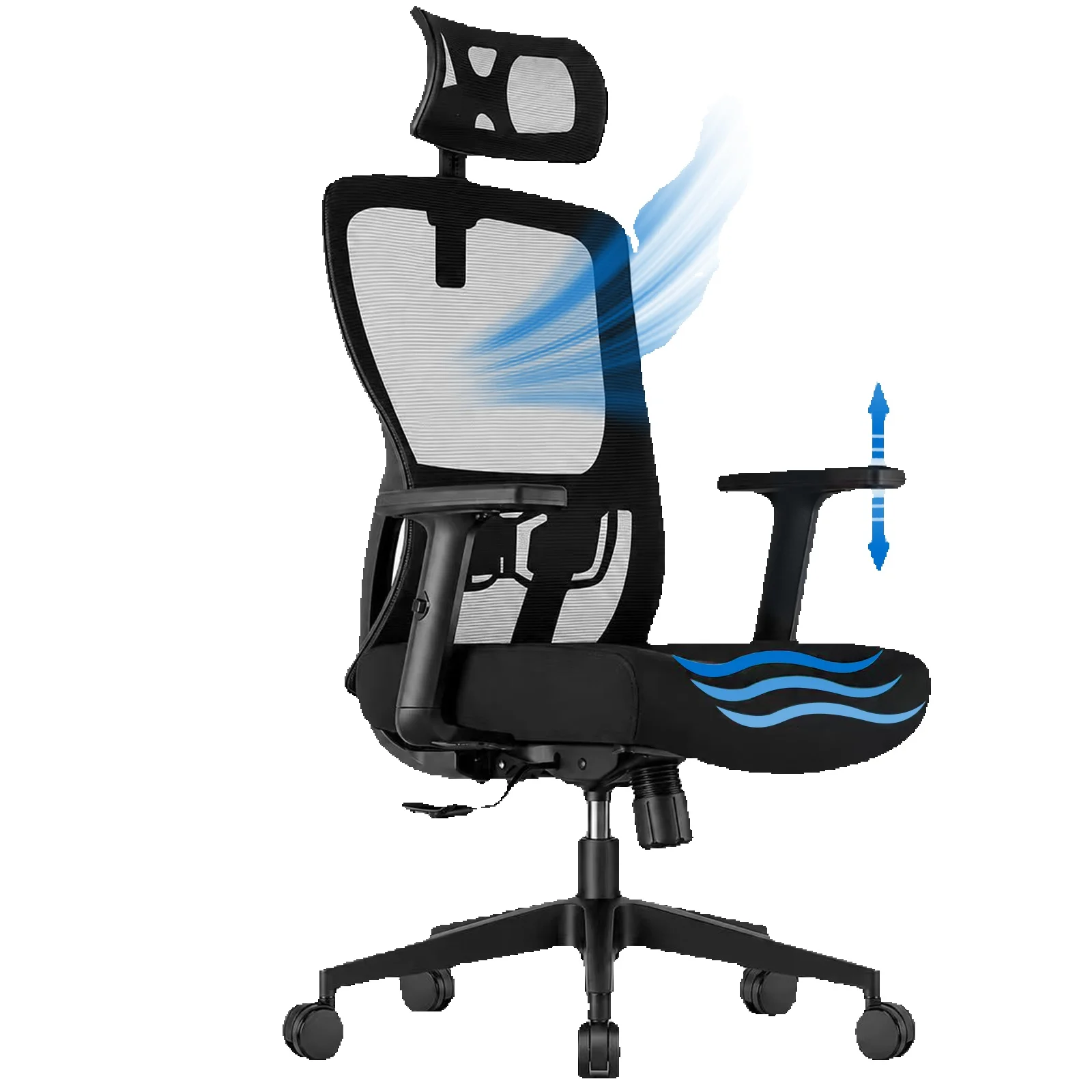 Durrafy Ergonomischer Bürostuhl 200 kg Schreibtischstuhl mit Kopfstütze Lordosenstütze verstellbaren Armlehnen atmungsaktiver Netzrücken 130° Wippfunktion Drehstuhl Netzstuhl höhenverstellbar für