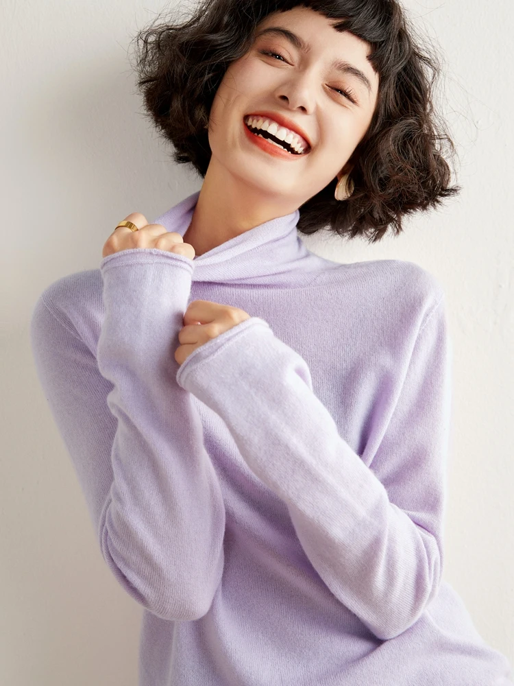 

100% cashmere sweater for women, seamless pile neck, soft and sticky high neck, loose fitting pullover, knitted solid color top