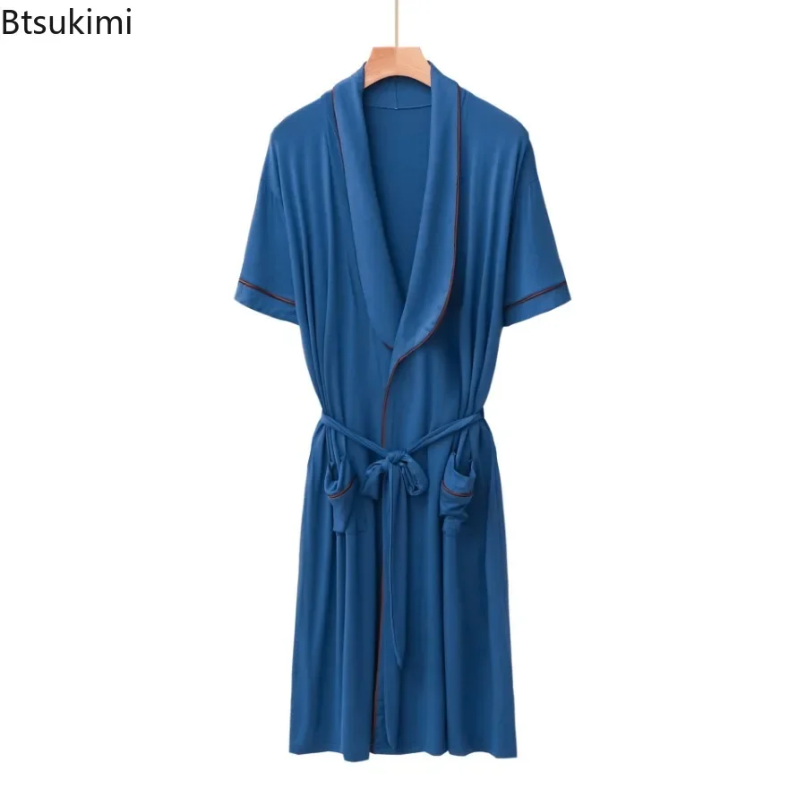 2024 Men's Plus Size Home Clothes Short-sleeved Cardigan Mid-length Men Kimono Bathrobe with Waist Lace-up Pajamas Bathrobe Male