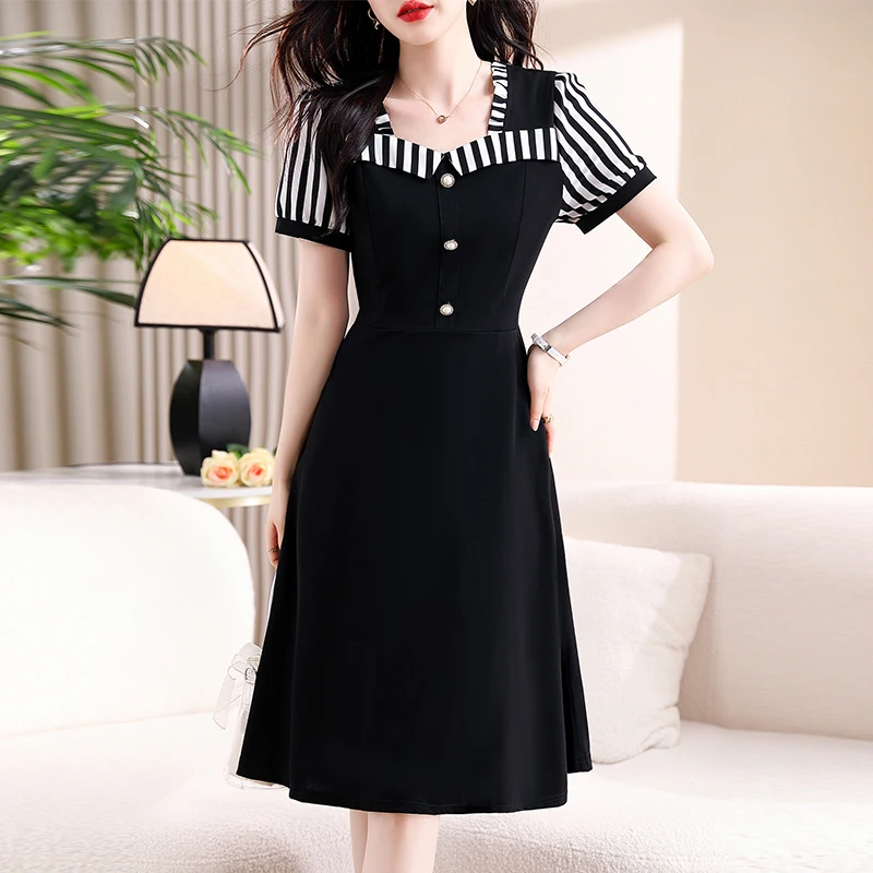 Women T-shirt Dresses Summer Female Square Collar Short Sleeve Large Size Elegant A Line Black Fake Two Pieces Polyester Vestido