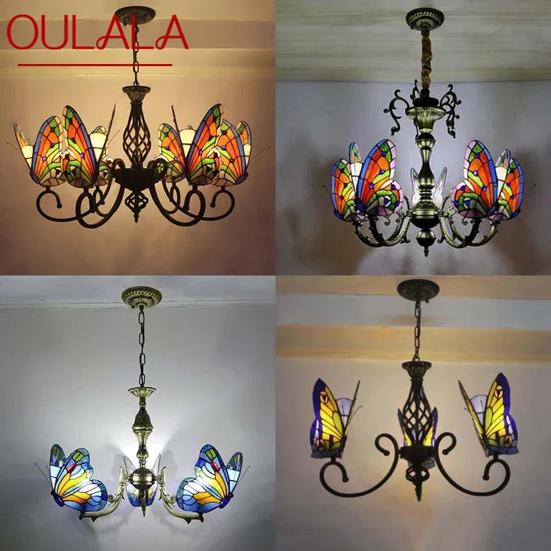 OULALA-Lustre Papillon Tiffany LED Vintage, Lampe Suspendue Créative en Verre, Décoration pour la Maison, Salon, Chambre à Coucher, Hôtel