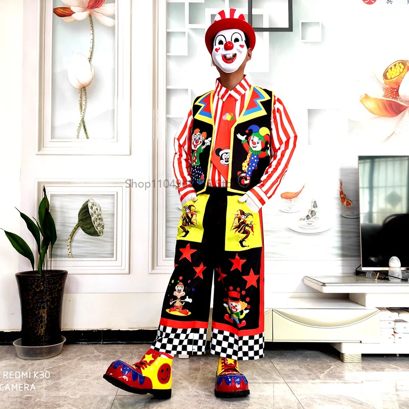 Adult Unisex Colorful Striped Clown Costume Set Funny Circus Halloween Carnival Cosplay Birthday Party Outfits Multiple Styles