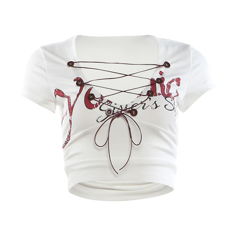 

Y2K Women's White Crop Top Lace Up V Neck Short Sleeve T-Shirt Letter Print Slim Fit Ruched Casual Streetwear