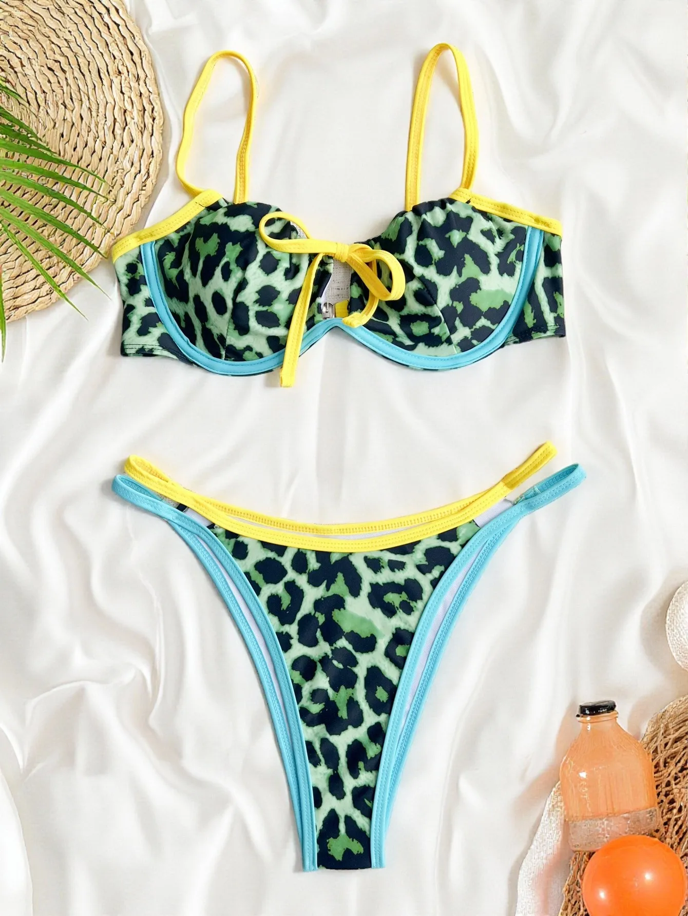 

sexy leopard print push up front tie bikinis sets two pieces high waist swimsuits padded thong swimwear female bathing suit