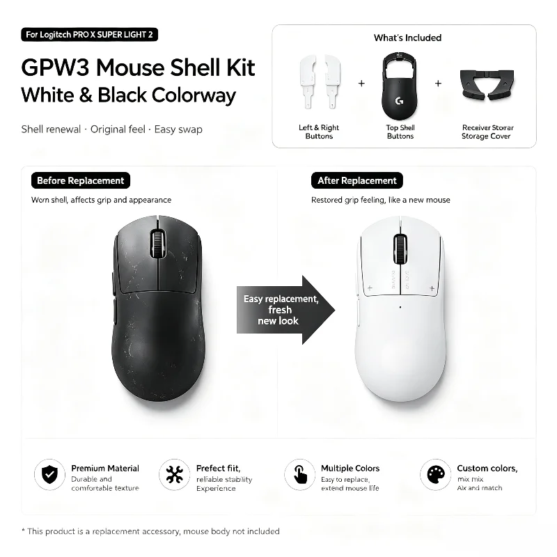 Gpw2/3 Mouse Shell Full Set For Logitech G Pro X Superlight 2 Gaming Mouse Replace Spare Parts With Left Right Side Buttons