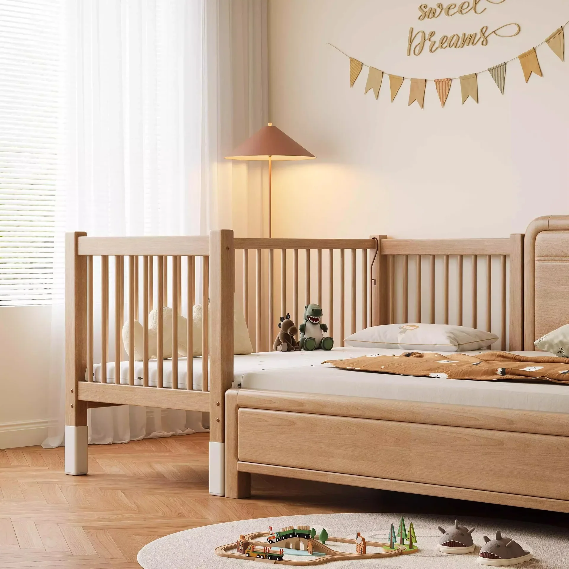 Beech children's bed Lifting splicing bed Solid wood crib Wide splicing bed Children's bedside  with fence