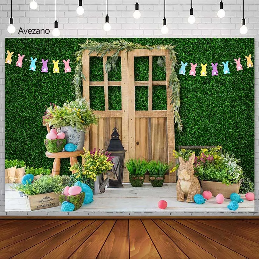 Avezano Backgrounds Photography Easter Egg Rabbit Wood Window Door Background Flower Decoration Backdrop Photo Child Portrait