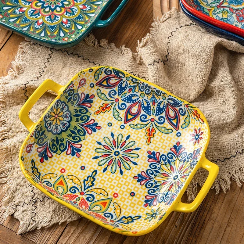 1PC Bohemian Ceramic Binaural Square Plate Beautiful Plate For Home High Appearance Level Plate Fruit Plate Oven Microwave Plate