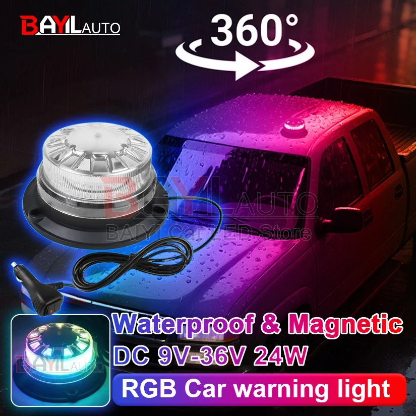 9V-30V RGB 7 Color LED Signal Light Universal Car Warning Light Strobe Light With Magnet Roof Flashing Lights For Car 24V Trucks