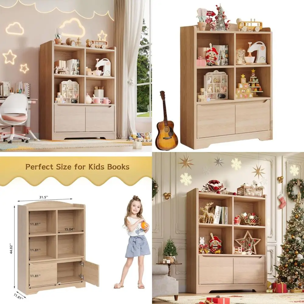 رف كتب للأطفال ومنظم ألعاب، رف كتب للأطفال من طبقتين لغرف الأطفال مع بابين، منظم تخزين 4 مكعبات، بوو خشبي للأطفال
