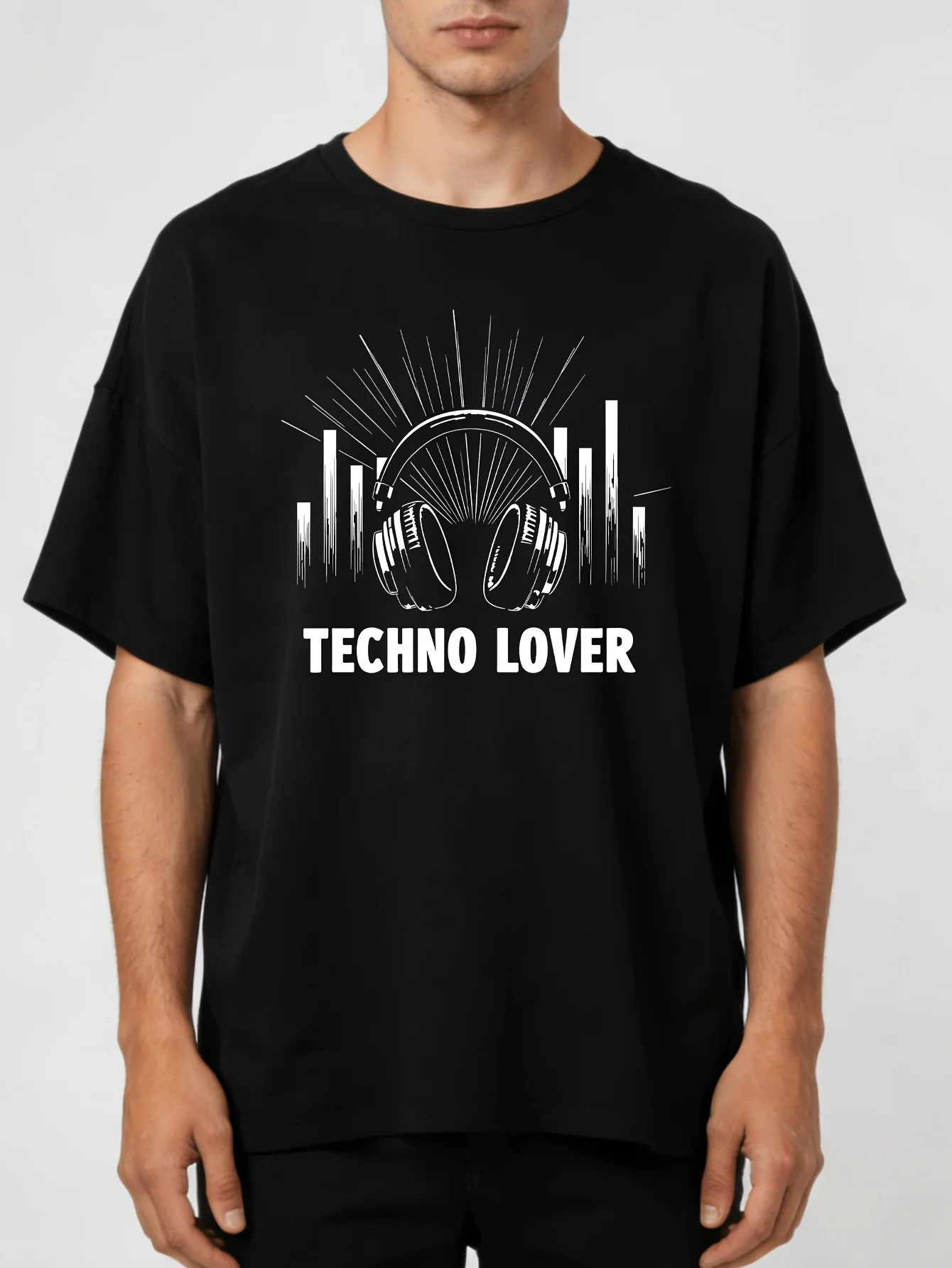 Men's Black Techno Enthusiast Graphic Tee - Made from Blend, Micro-Stretch, Casual Summer Shirt Featuring Headphones & Sound Wav