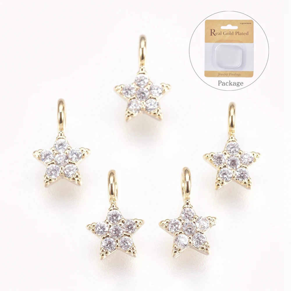 Brass Micro Pave Cubic Zirconia Charms, Nickel Free, Star, Clear, Real 18K Gold Plated, 8x5x1.5mm, Hole: 1.8mm