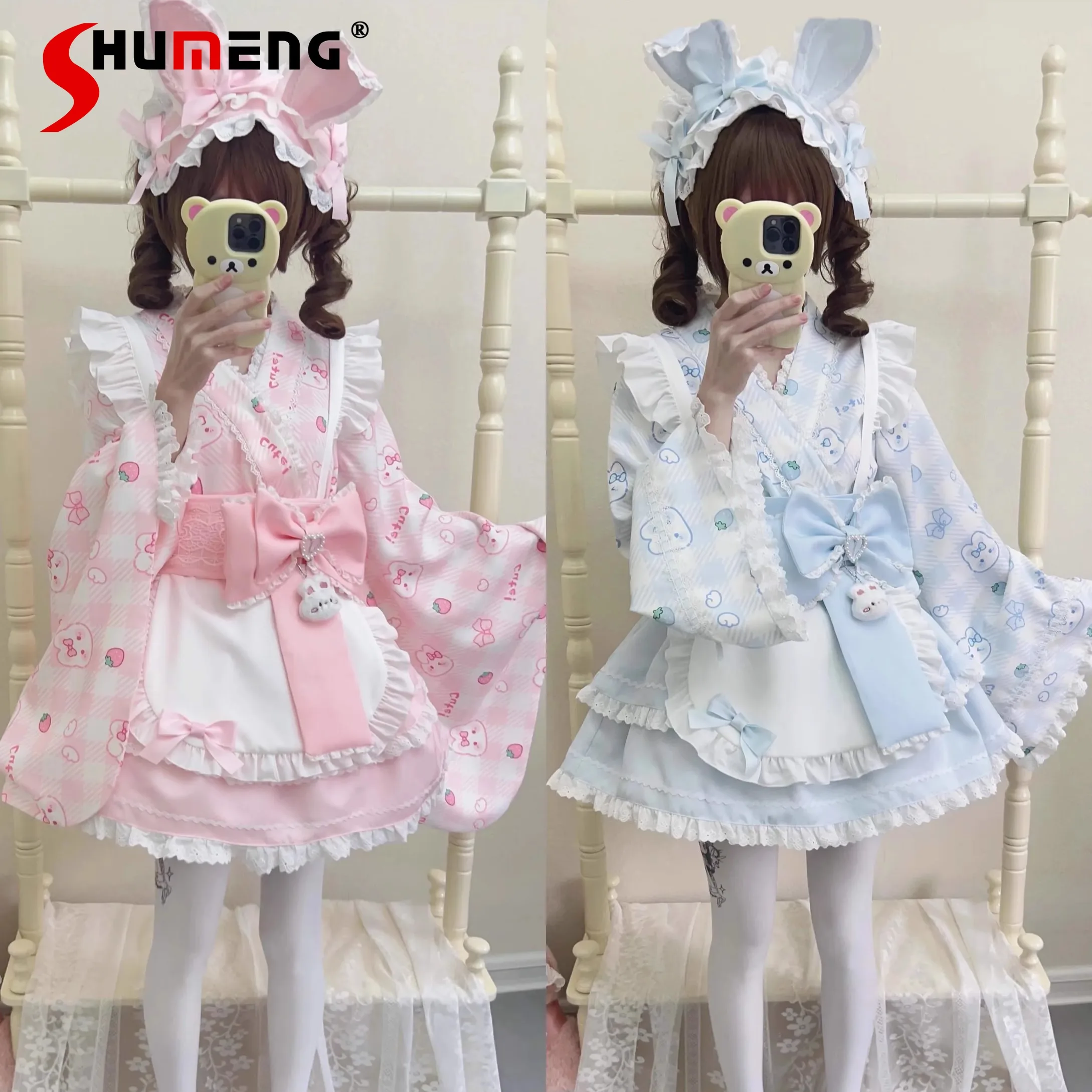 

Original Japanese Girls Lolita Cos Dress Autumn New Women Cute Bow Print Long Sleeve Top and Skirt Two-Piece Set Maid Outfit