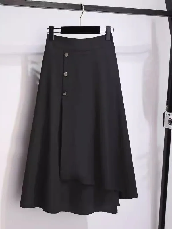 

plus Size A-Line Midi Skirt Fashionable Asymmetrical Slimming Concealing Korean Style High Waist Polyester Fiber Summer Wear