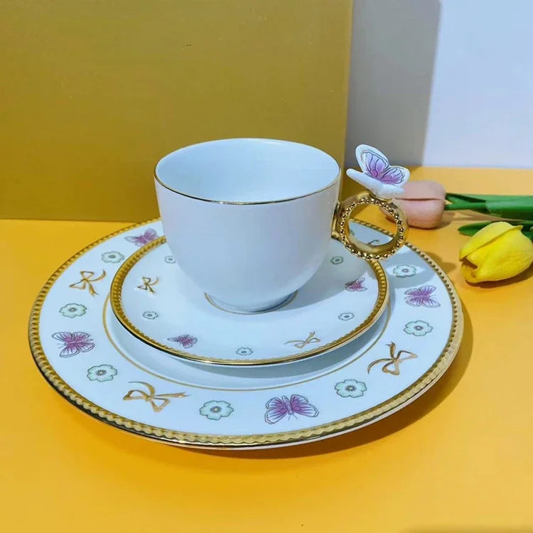 

European Creative White Bone China Relief Gilt Edged Coffee Cup Bow Snack Dim Sum Pan Set Teapot Cup Dish Gift Box Cute Cup