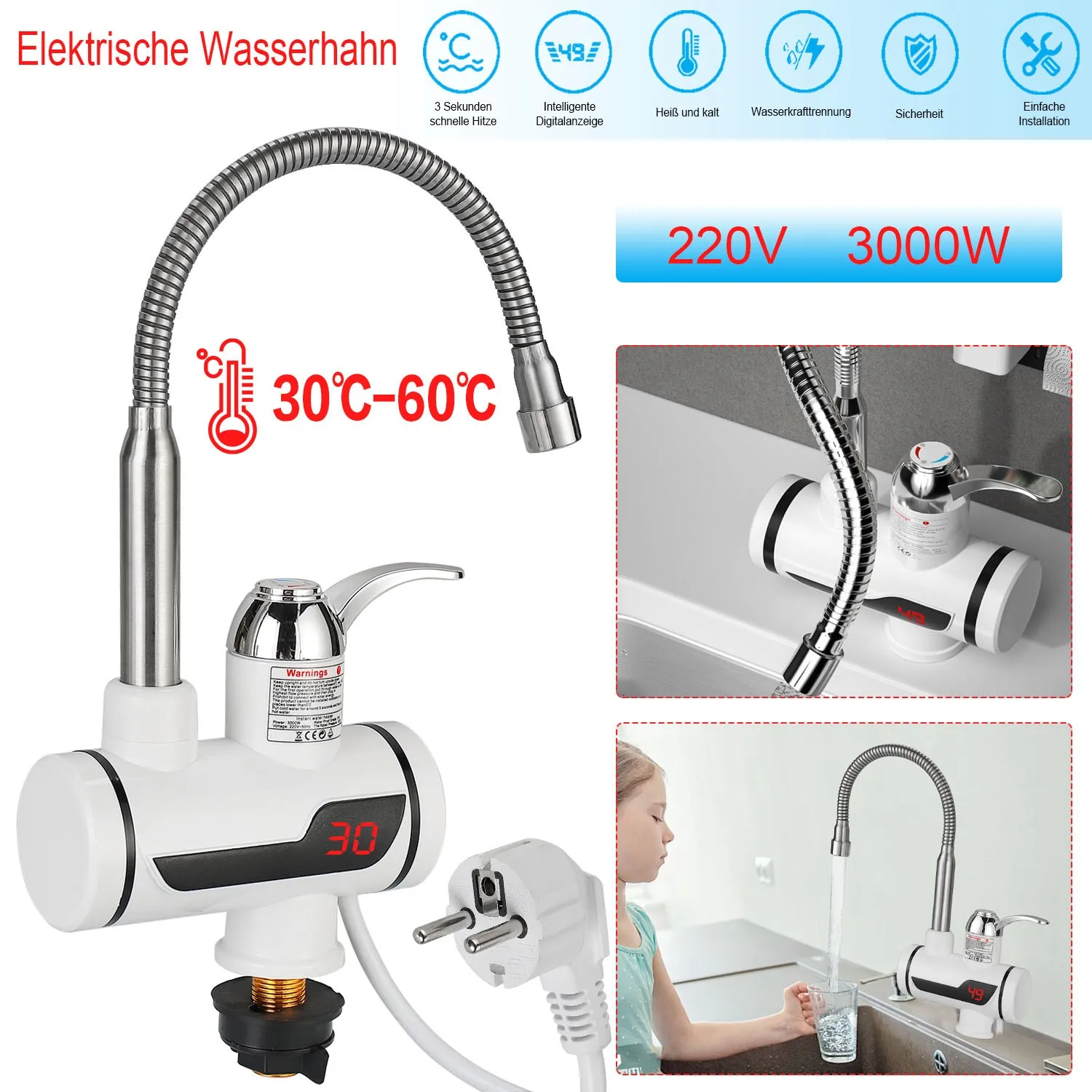 3000W Electric Home Heating Faucet Kitchen Bathroom Faucet Accessories Household Electric Hot Water Faucet With Digital Display