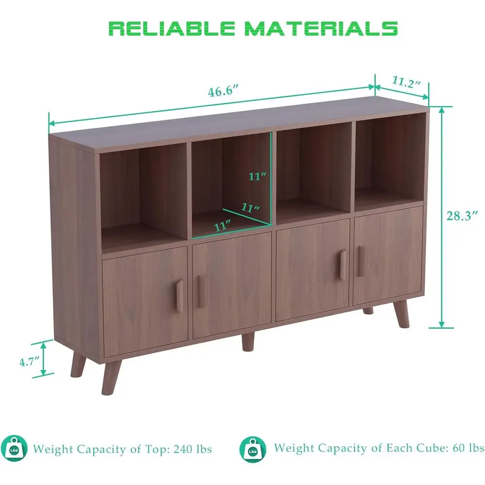 Walnut 8-Cube Open Bookshelf with Solid Wood Legs and 2-Tier Storage Cabinet