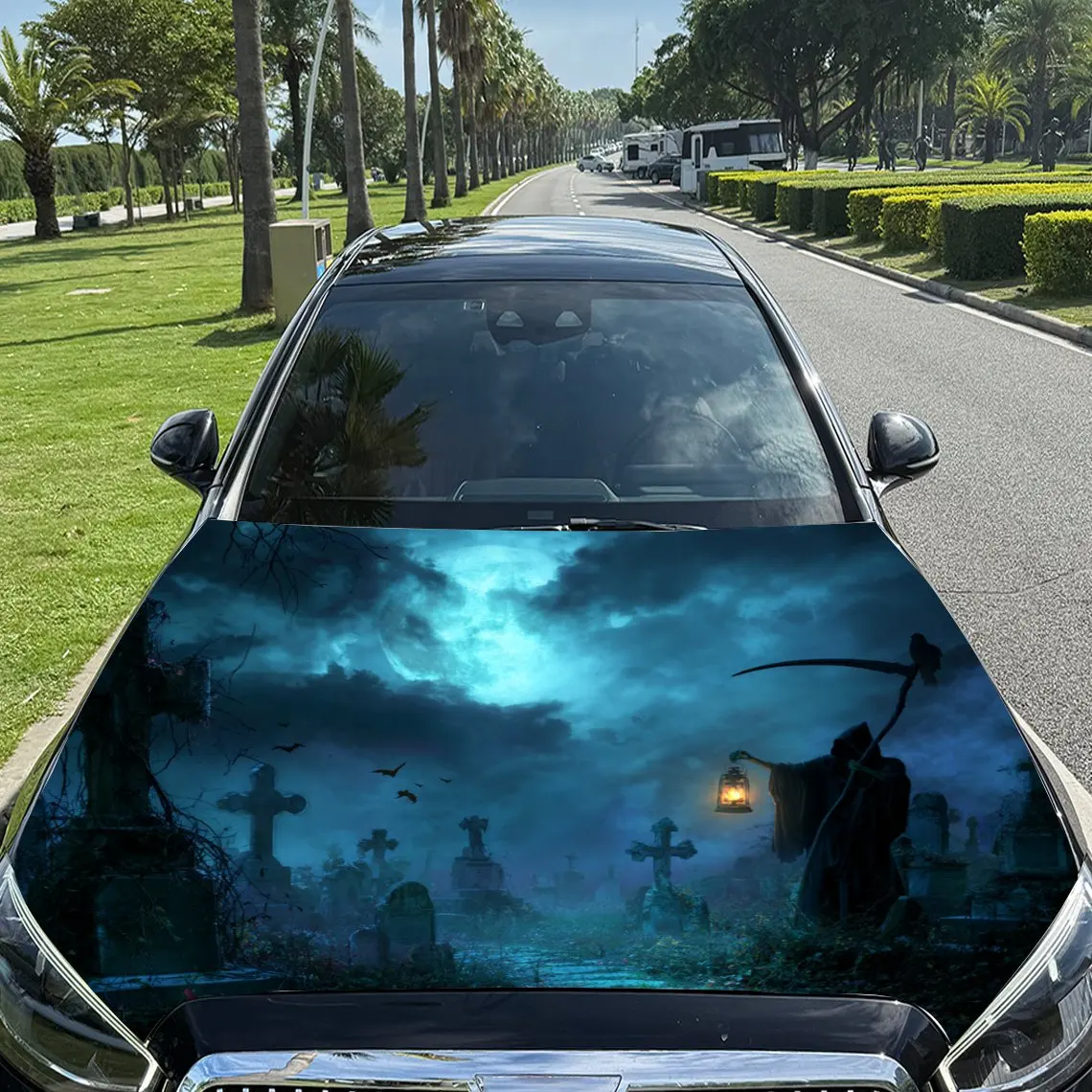 

Night Cemetery Reaper Print car hood stickers, waterproof self-adhesive, scratch resistant, easy to stick, durable car PVC stick