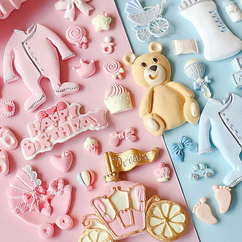 VERIDIAN Baby Series Baking Silicone Molds Cartoon Stroller Baby Bottle Foot Carriage Pacifier Rattle Silicone Fondant Cake Mold