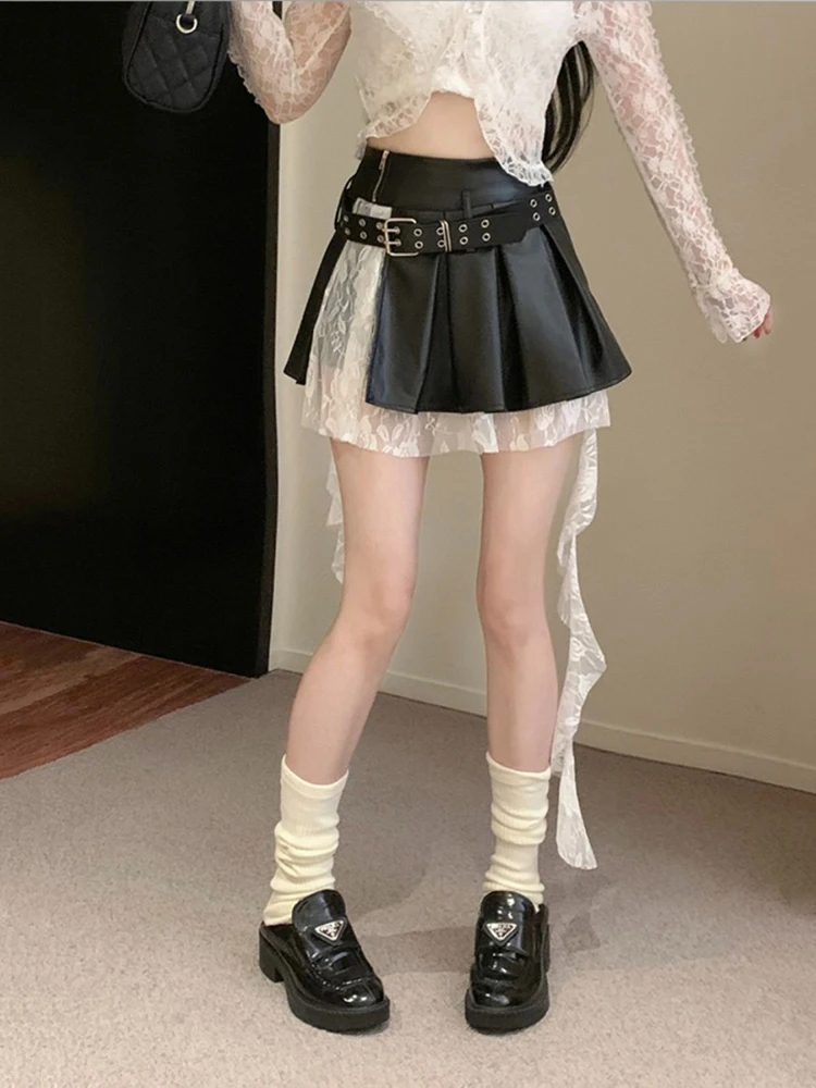 

Female Autumn Lace Patchwork PU Leather A-line Pleated Short Skirt American Style Fashion Hot Girl Sweet Black Slim Skirt