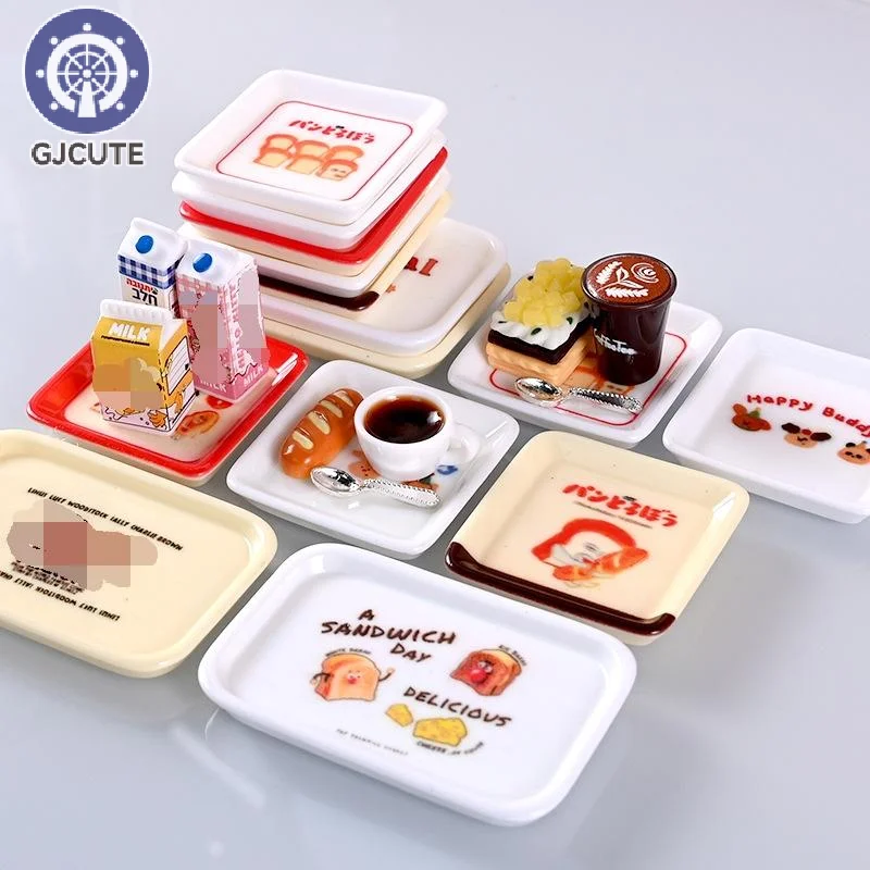 Juguete de cocina para juego de imitación, 10 piezas, mini juegos de platos con bandeja de dibujos animados para casa de muñecas 1/12, decoración de simulación