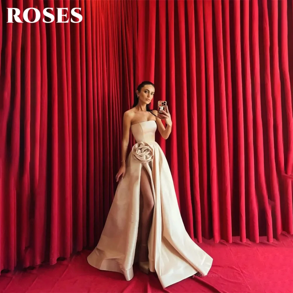 

ROSES Golden Prom Dress Strapless Celebrity Dress Sleeveless 3D-Flower Women's Evening Dress A-Line Split Formal Gown Customized