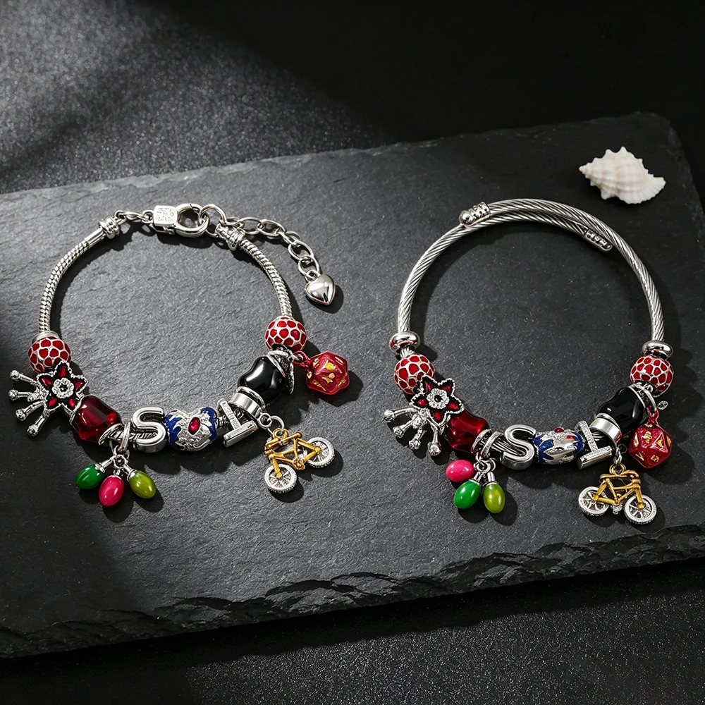 Handmade Snake Chain Bracelet with Flower Enamel Charms Teenage Jewelry Gift Decorative Charm Bracelets for Teens