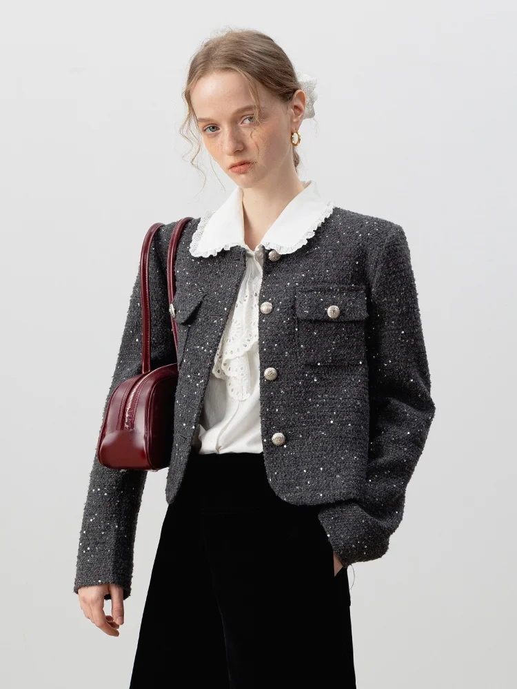 

Eggka round Ne Sequin ort Coat Women's Autumn New Sle Ele Versatile Commuter Sle Top Polyester Viscose Fiber